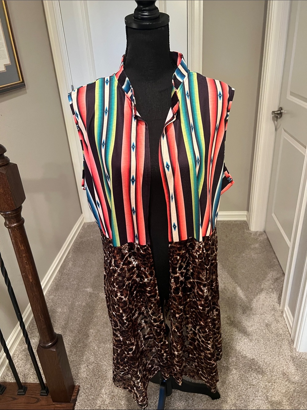 Sleeveless Multicolor Stripe & Brown Animal-Print Midi Kimono